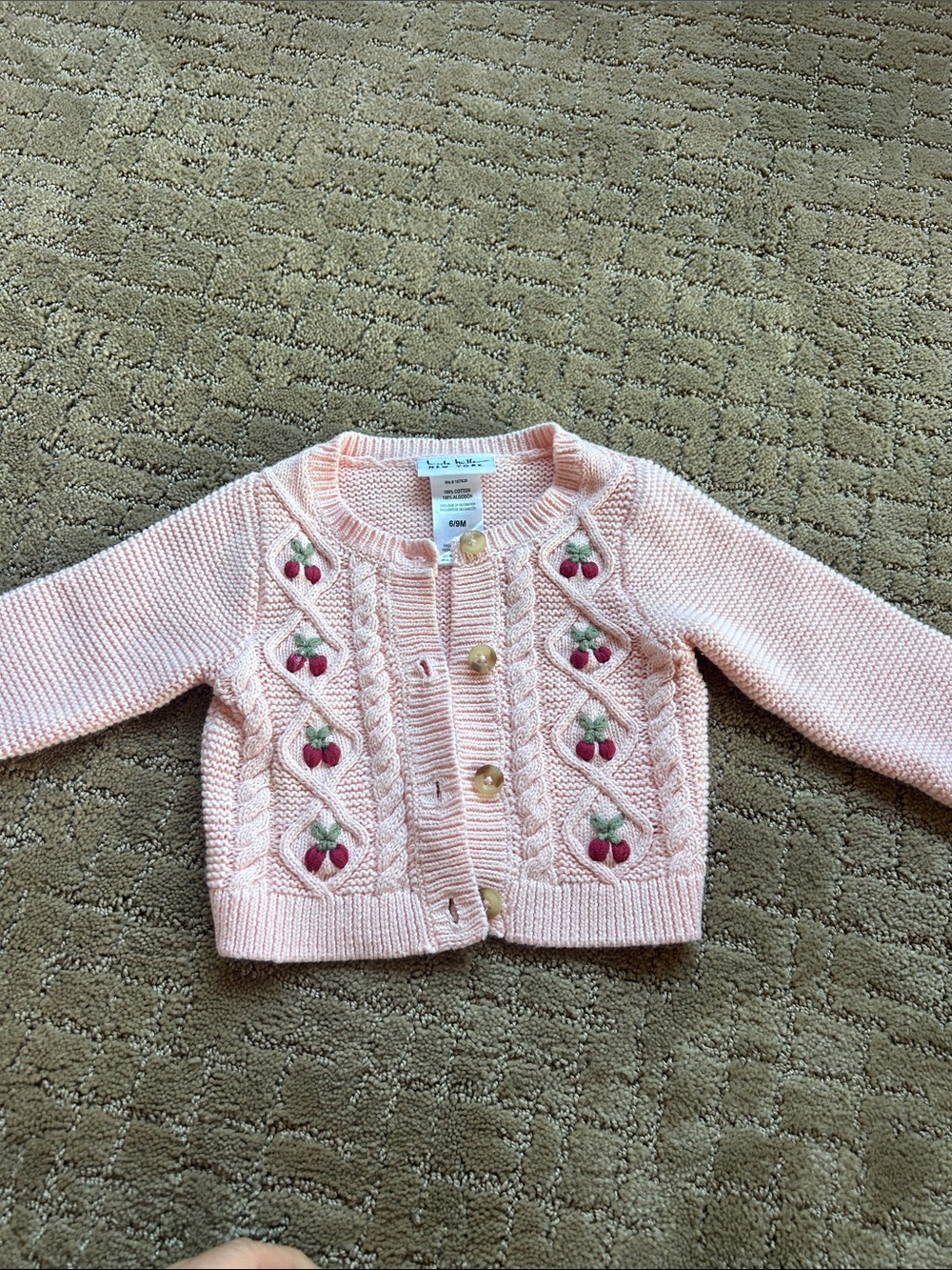 Nicole miller 100 procent cotton Light Pink Knit Cardigan with Cherry Embroidery